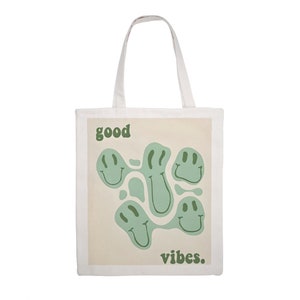 Good Vibes Smiley Face Baumwolle und Leinen Tragetasche 15&quot; × 16,5&quot; 1, happy tote bag, groovy tote bag, positive Tote Bag, retro ästhetische Tasche, eco
