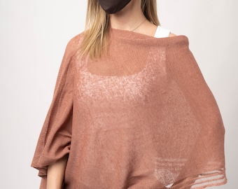 Poncho de punto de lino 100 % orgánico, capa, vestido de playa, túnica, pareo, bufanda, sombrero, chaleco, falda, manta o manta para bebé, rosa pálido
