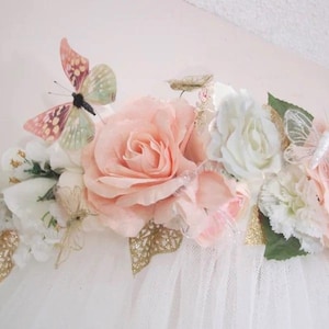 Butterfly theme Blush Pink - Antique White and Ivory Floral Crib-Bed Crown! Beautiful Nursery Decor - Free Shipping
