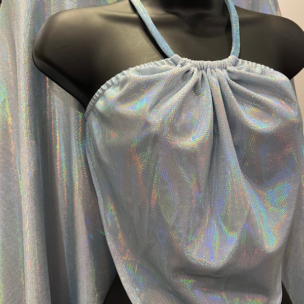 VMigi’s Baby Blue Iridescent Apron Halter Top, Spandex, swimming, sunbathing, any outdoor venue.