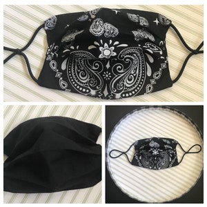 Paisley Bandana Black Print Face Cover Mask stretch elastic around the ear- Washable, Reusable, and Reversible