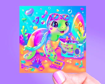 Sticker Tiki la tortue, vinyle autocollant, autocollants des années 90, autocollants de plage, autocollant arc-en-ciel,