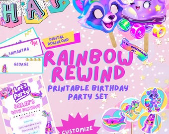 Kit de fête Rainbow Rewind | Modèles de fête colorés | Invitation Canva modifiable | Décorations de fête à imprimer | Pack de fête rétro années 80/90