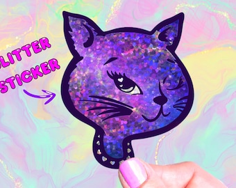 Sticker scintillant chat galaxie des années 90, sticker machine, sticker rétro