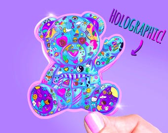 Autocollant holographique Doodle Bear, autocollant imperméable de 3 pouces