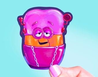May include: A pink and orange cartoon character with a pink helmet and a chain around its waist. The character has a clock on its head and a mischievous smile.