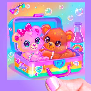 May include: A digital illustration of two teddy bears inside a pink and blue lunchbox. One bear is pink with a bow, the other is brown. A bottle of pink liquid and bubbles are in the background. The lunchbox has a rainbow design.