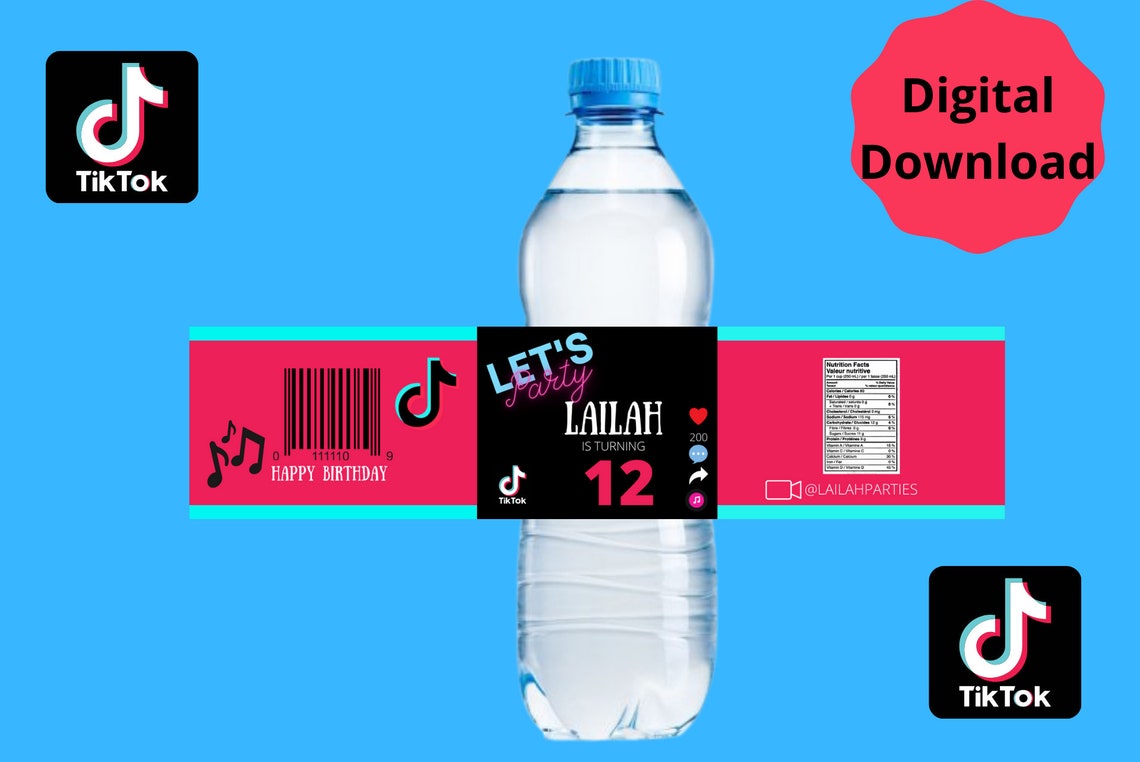 Custom Tik Tok Water Bottle TikTok Party Favors Printable Etsy