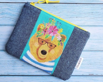 Zipper Pouch, Bear, cute clutch, cell-phone sleeve, purse organizer, medication bag, make-up pouch for purse, Cute Mother's Day Gift for mom