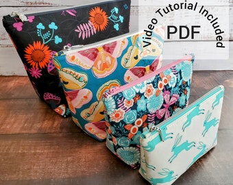 Patron de couture Fundamental Zipper Pouch, quatre tailles, modèle pdf, tutoriel vidéo, téléchargement immédiat, trousse à maquillage, trousse à crayons, sac de projet