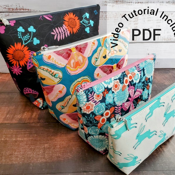 Fundamental Zipper Pouch sewing pattern, four sizes, pdf pattern, video tutorial, instant download, cosmetic bag, pencil case, project bag