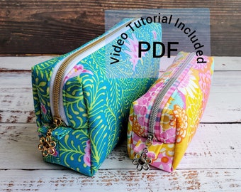 Patron de couture Bilby Pouch, modèle pdf de pochette à glissière carrée, modèle bonus mini cube, tutoriel vidéo, trousse à maquillage, trousse