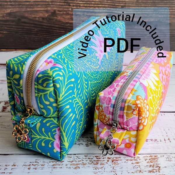Bilby Pouch sewing pattern, boxy zipper pouch pdf pattern, bonus mini cube pattern, video tutorial, cosmetic bag, pencil case