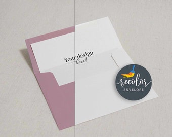 Op de afbeelding: Een witte envelop met een roze flap, open om een blanco kaart te onthullen met de tekst "Your design here!" en een zwarte cirkel met een kleurrijk penseel en de tekst "recolor envelope".