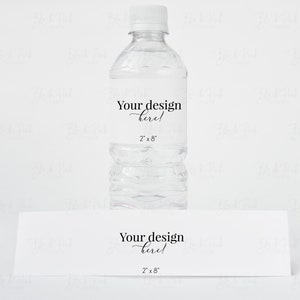 May include: A clear plastic water bottle with a white label that says "Your design here! 2" x 8" ".  A white rectangular card with the same text is also shown.
