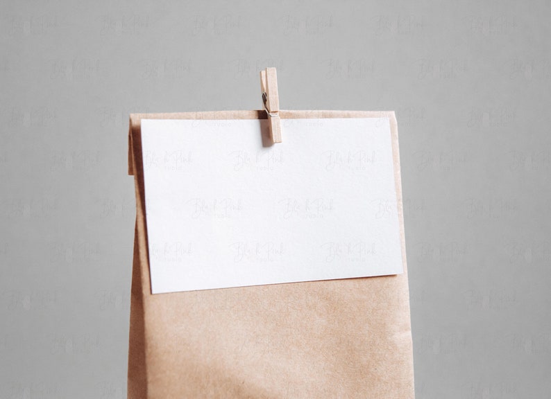 May include: A brown paper bag with a white card attached to the top with a wooden clothespin. The card is blank.