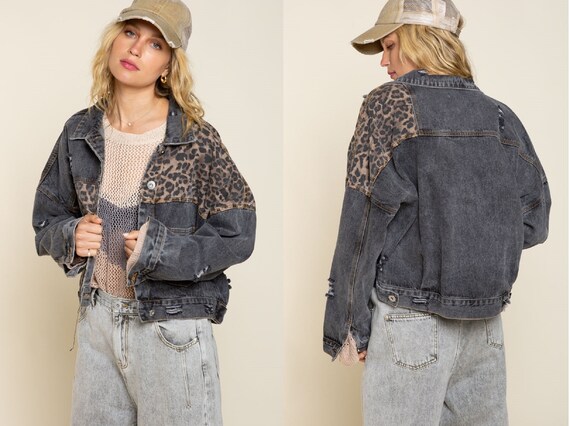 Womens Leopard Denim Jacket/loose Fit 