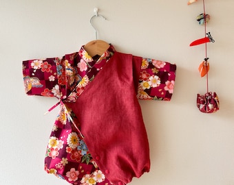 Babykimono, Baby Jinbei, bloemenpatroon, Gemaakt in Japan, Japanse traditionele kleding, Aziatisch, Verjaardagscadeau, Lente, Haru, Rood