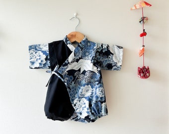 New! Baby Jinbei, Crane pattern, Kimono rompers,  Japanese traditional clothing, Handmade, made in Japan, Baby Yukata, Boy Jinbei