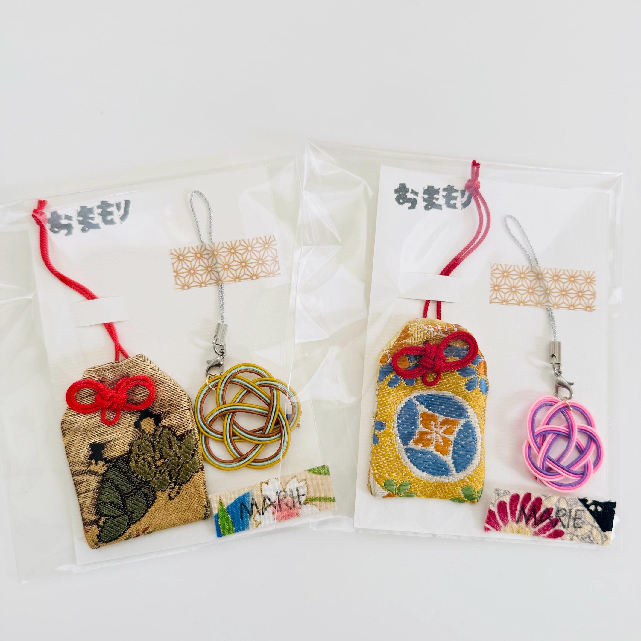 NEW!! Kimono Obi Omamori charms, Japanese amulets, lucky charms, Omamori and Mizuhiki set, Made in Japan, Handmade