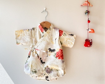 New! Kimono for toddlers, Crane- pattern, Jinbei rompers,  Japanese traditional clothing, Handmade, made in Japan, White Baby Yukata