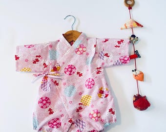 NEW!! Baby Kimono Romper, Pink Goldfish & Temari, Traditional Japanese Baby Outfit, Cotton Kimono, Baby Shower Gift, Handmade in Japan