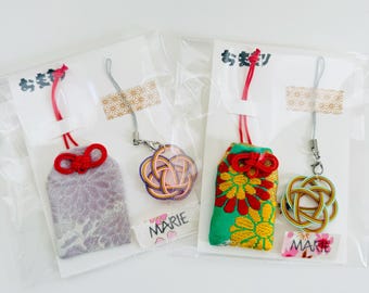 NEW!!! Omamori charms, Kimono Obi, Japanese amulets, lucky charms, Omamori and Mizuhiki set, Made in Japan, Cute Charm