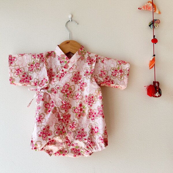 New! Sakura-pattern Baby Kimono, Jinbei,  Yukata, Japanese style clothes for babies, cherry-blossom, flower, spring, Hana, Girl kimono