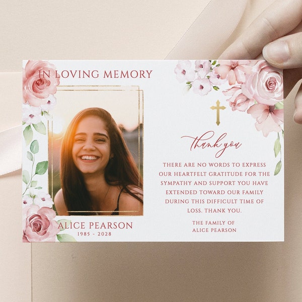 Blush Rose Funeral Thank You card Gold Cross Funeral Thank You Card Pink floral catholic Funeral Thank You Photo Editable Memorial card