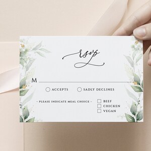 Carte RSVP pour enterrement, modèle de carte RSVP pour verdure Feuilles dorées et vertes Modèle de carte-réponse modifiable Veuillez répondre Modèle RSVP moderne Insertion RSVP