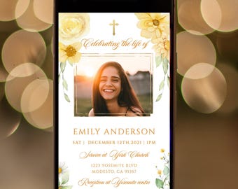 Electronic Yellow flower Funeral Announcement,Gold cross Celebration of Life invitation,Yellow floral Funeral Invite ,Memorial invite