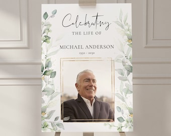 Green leaves funeral sign template Greenery Celebration of Life Men Sign Life Celebration Sign Gold Frame Memorial Service  Funeral template