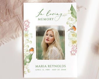 Lily of the valley & robin Funeral Photo Prayer card White cherry blossom Funeral bookmark Prayer card Memorial Card Celebration of Life