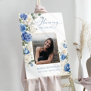 Letrero funerario con rosa blanca y azul, póster funerario con aliento de bebé, letrero con flor blanca y azul que celebra la vida, póster de servicio conmemorativo funerario de bienvenida