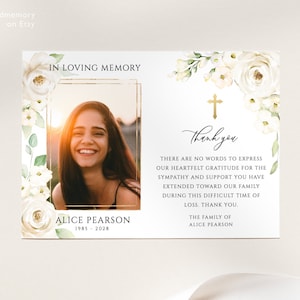 White Rose Funeral Merci card Gold Cross Funeral Thank You Card White floral catholique Funeral Thank You Photo Editable Memorial card