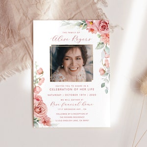Fard à joues Rose Photo célébration de la vie Cadre doré Invitation numérique funéraire Pêche floral Dans la mémoire aimante invitation photo fleur rose inviter