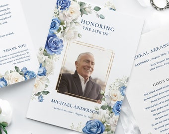 Navy flower men Funeral Program Template White Blue Rose Memorial program Funeral Service program In loving Memory program Life Celebration