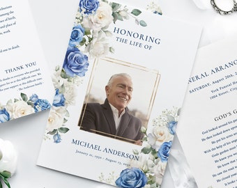 May include: A blue and white floral funeral program with a photo of a man in a suit. The program includes the order of service, obituary, and general arrangements. The text "Honoring the Life of Michael Anderson" is at the top of the program.