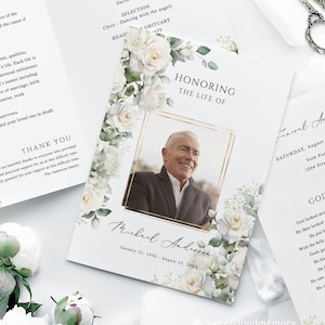 Witte Roos Begrafenisprogramma Sjabloon witte bloemen begrafenis Groen goud Herdenkingsprogramma Begrafenisdienst In liefdevolle herinnering Viering van het leven