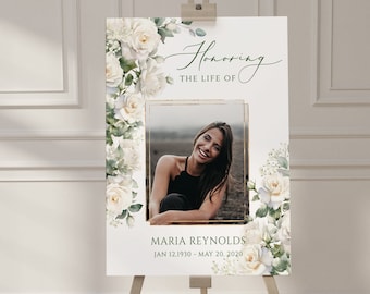 white Rose Funeral Sign Baby Breath Funeral Poster Celebrating the Life Sign Welcome Funeral Memorial Service Poster Rose white funeral sign