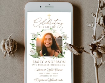 May include: A digital memorial invitation with a floral border and a photo of a young woman. The text reads "Celebrating the Life of Emily Anderson, Sat December 12th, 2021 | 1PM, Service at York Church, 1223 Yosemite Blvd, Modesto, CA 95357, Reception at Yosemite Centre, 1258 Yosemite Blvd, Modesto, CA 95468."