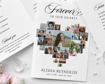 Szablon programu pogrzebowego z kolażem serca Proste zdjęcie Program pogrzebowy do wydrukowania Program na zawsze w naszych sercach Namiot pogrzebowy