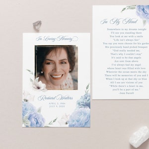Carte de prière de photo funéraire florale bleue Marque-page funéraire modifiable Carte de prière Carte commémorative Célébration de la vie Prière commémorative de grand-père