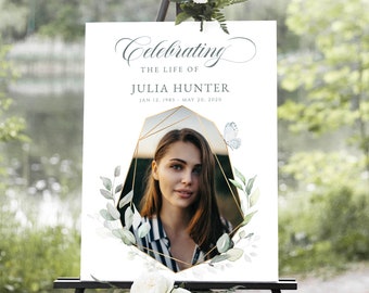 Greenery Funeral Poster Celebrating the Life Sign Welcome Sign Gold Memorial Service Poster Elegant Funeral Poster loving memory Sign Julia