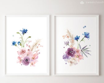 Floral colourful Art Prints set of 2 Printable wild flower art Watercolor floral Printable pink and purple Flower art Print Nursery print 07