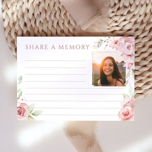 Blush rose Partager une carte mémoire pour les funérailles, fleur rose Partager un souvenir, mots d'amour avec photo, boîte de mémoire commémorative, cartes mémoire imprimables