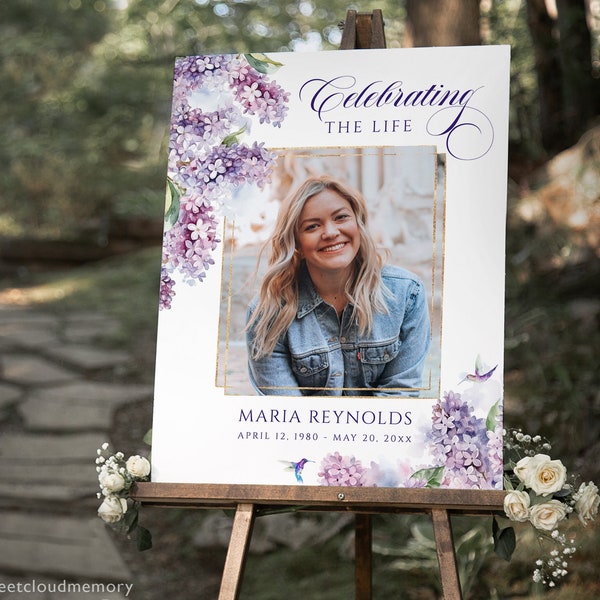 Lilac floral Funeral Sign Lilac humming bird Memorial Service Violet Lilac Celebrating the Life Sign Purple flower in loving memory sign
