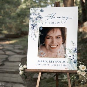 Dusty Blue Funeral Welcome Sign Blue flower Celebration of Life Sign Poster Gold frame Memorial Service Poster Elegant Funeral steel blue