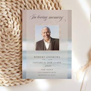 Ozean Funeral Einladung Vorlage Seascape Foto Feier des Lebens Einladung Goldrahmen Trauerkarte liebevolle Erinnerung Einladung editierbar