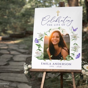 White Lily Celebrating the Life Sign purple butterfly White floral Life Celebration Sign White flower Memorial Service Poster Funeral Sign